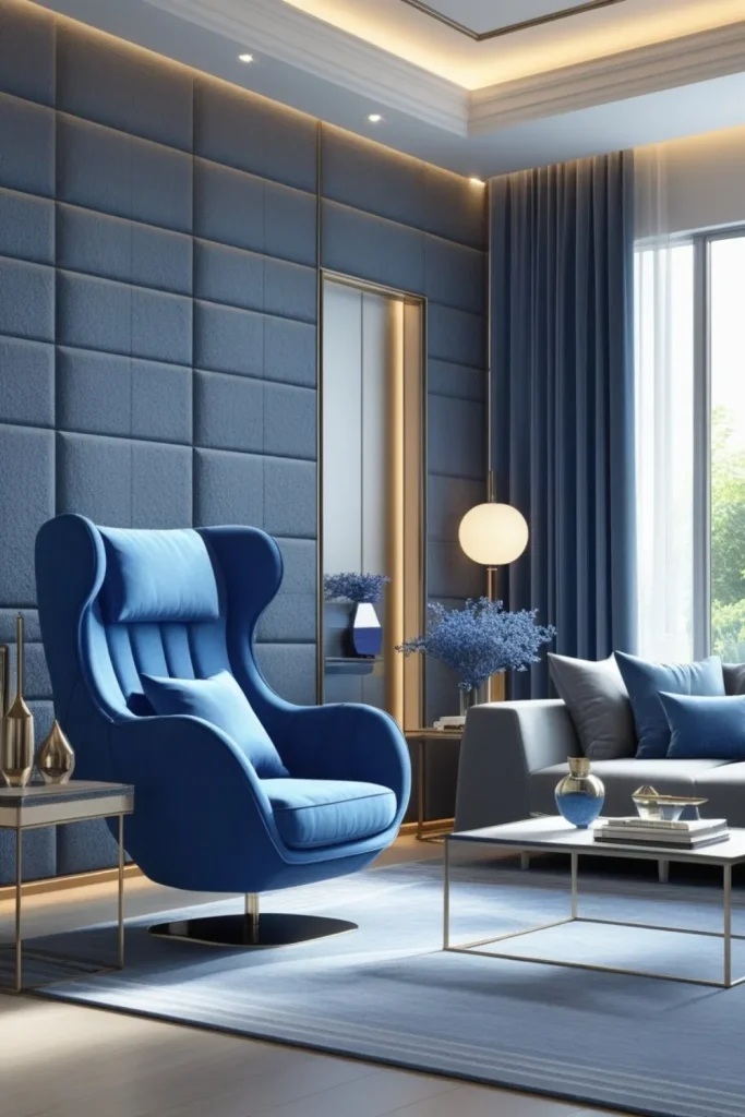 Blue Accent Chair with Grey Textured Wall Panels