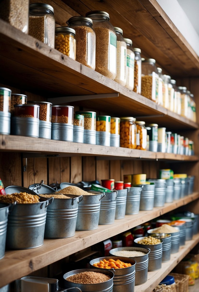 Galvanized tubs filled with grains and canned goods line the rustic farmhouse pantry shelves