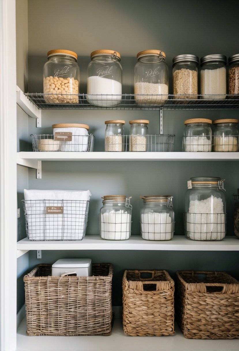 A rustic farmhouse pantry with wire shelves holding jars, baskets, and containers for additional storage space