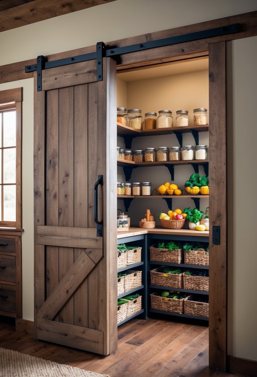 A rustic sliding barn door opens to reveal a well-organized farmhouse pantry with shelves stocked with jars, baskets, and fresh produce