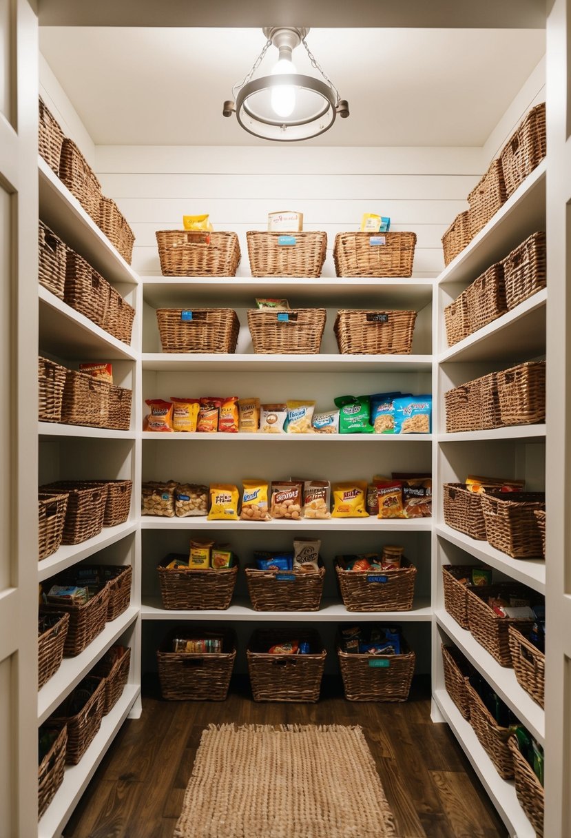 A rustic farmhouse pantry with wicker baskets filled with snacks and neatly organized shelves