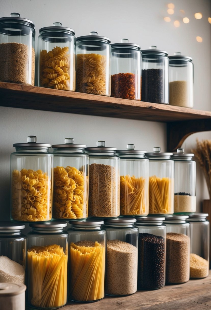 Glass canisters filled with pasta and grains arranged on rustic farmhouse pantry shelves