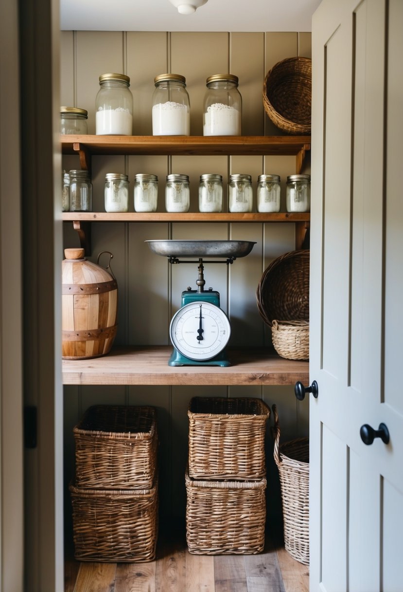 A rustic farmhouse pantry with antique scales as a focal point. Wood shelves, mason jars, and woven baskets add to the vintage charm