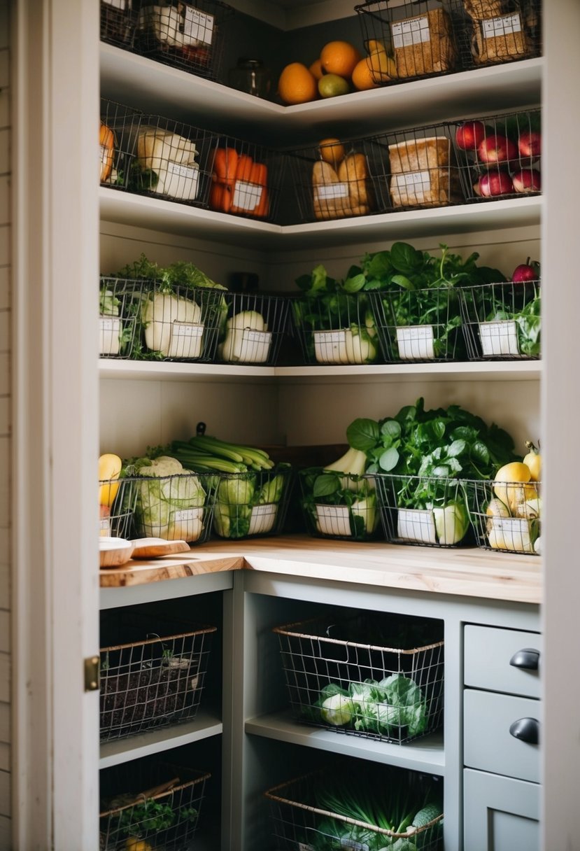 A rustic farmhouse pantry with wire baskets filled with fresh produce
