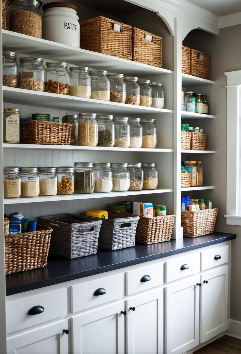 An organized farmhouse pantry with open shelving showcasing jars, baskets, and neatly arranged supplies for easy access