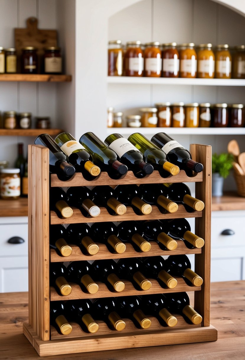 A wooden rustic wine rack filled with various bottles of wine, set against a backdrop of a farmhouse pantry with shelves stocked with preserves and jars