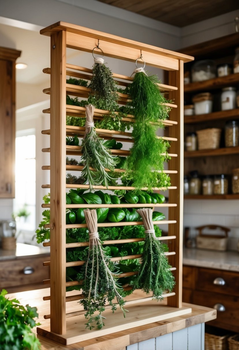 A wooden herb drying rack with bundles of fresh herbs hanging from it in a rustic farmhouse pantry
