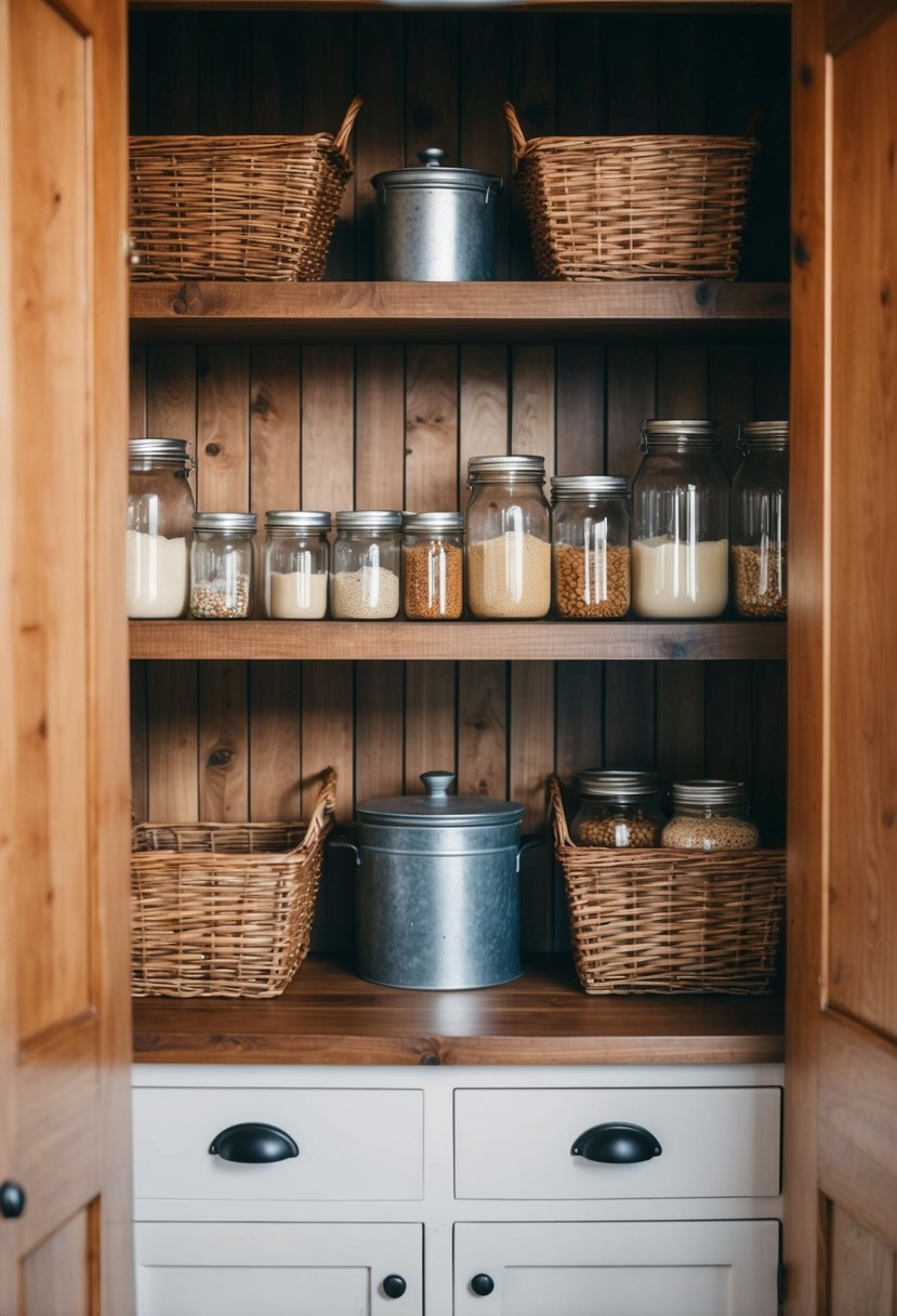 Rustic wooden shelves filled with jars and baskets in a farmhouse pantry