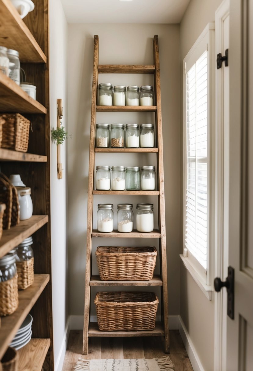 A weathered wooden ladder serves as a rustic shelf, adorned with mason jars, baskets, and vintage kitchenware in a cozy farmhouse pantry