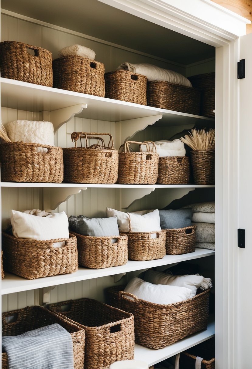 A rustic pantry shelves filled with seagrass baskets holding linens and farmhouse items
