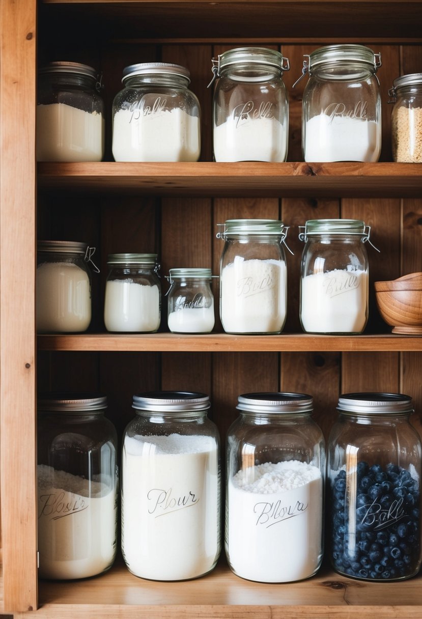 A rustic farmhouse pantry with glass jars filled with flour and sugar on wooden shelves
