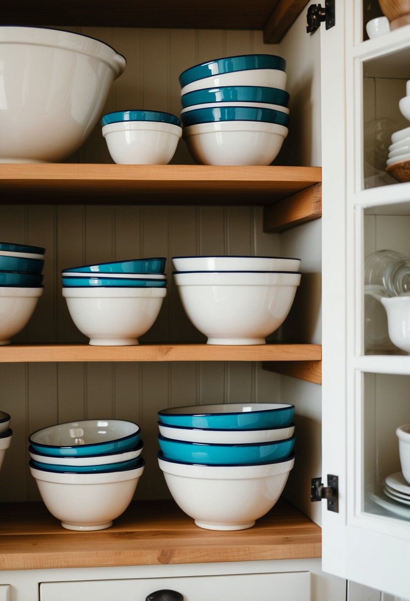 Several ceramic mixing bowls arranged on farmhouse pantry shelves