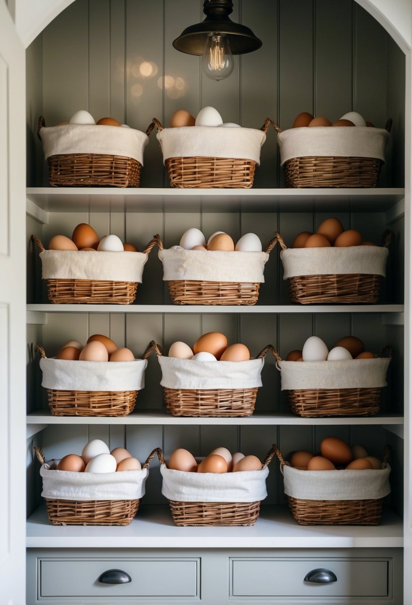 A rustic farmhouse pantry shelves filled with cloth-lined baskets of fresh eggs