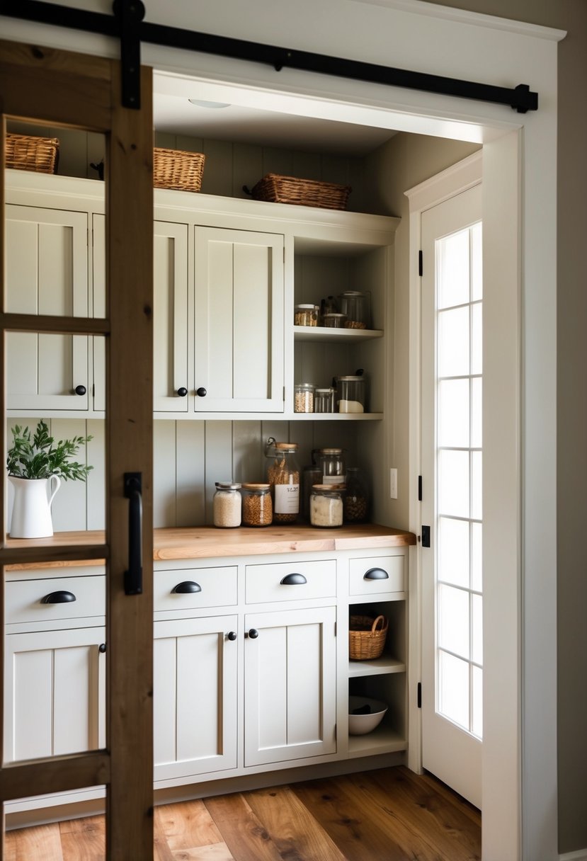 A rustic farmhouse pantry with paneled cabinetry, open shelves, and a sliding barn door