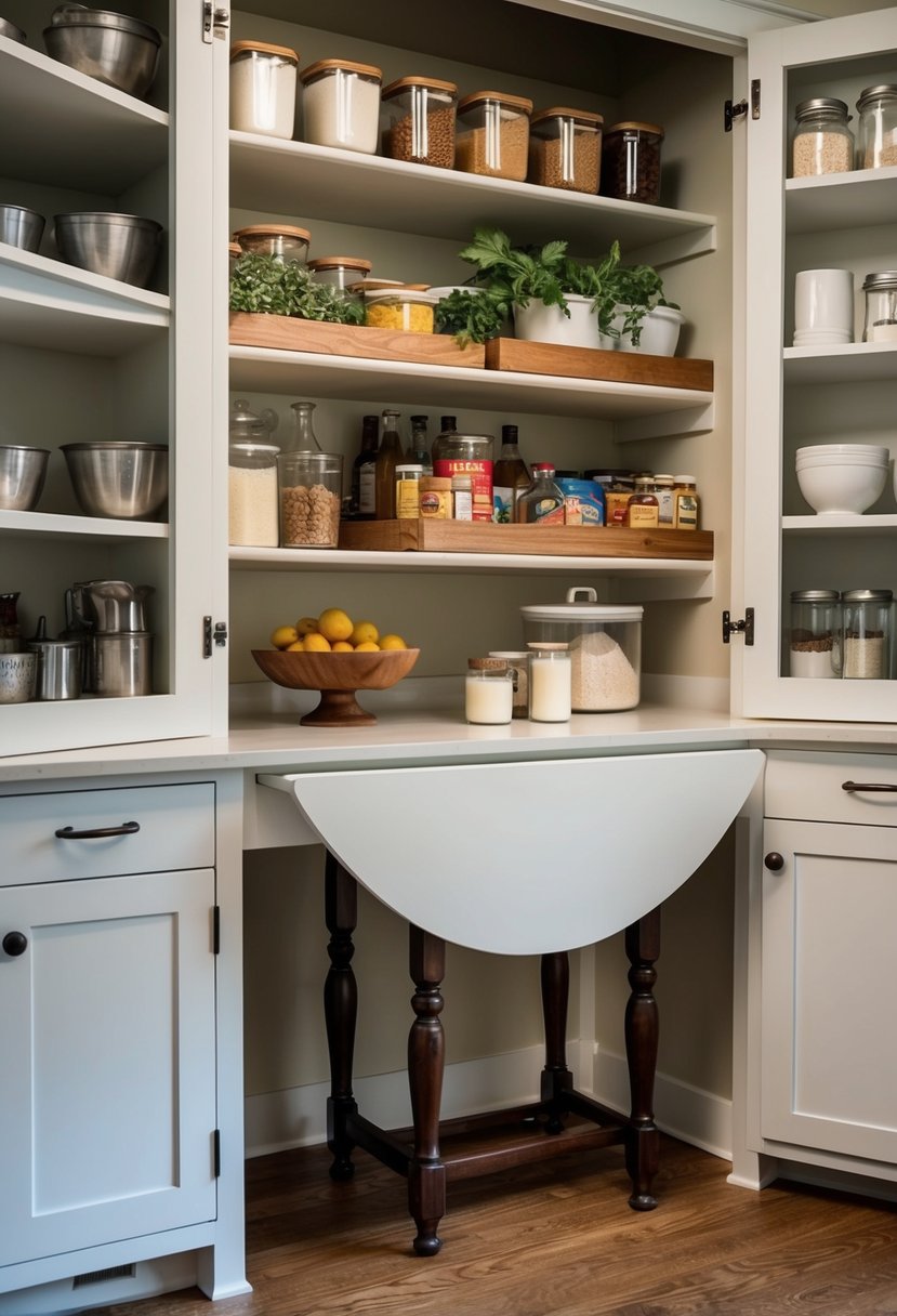 A farmhouse pantry with a drop-leaf table for extra prep space