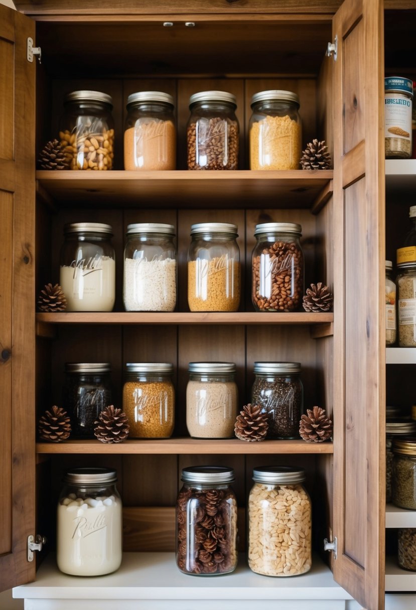 A rustic wooden pantry shelf adorned with pinecone accents and mason jars filled with dried goods