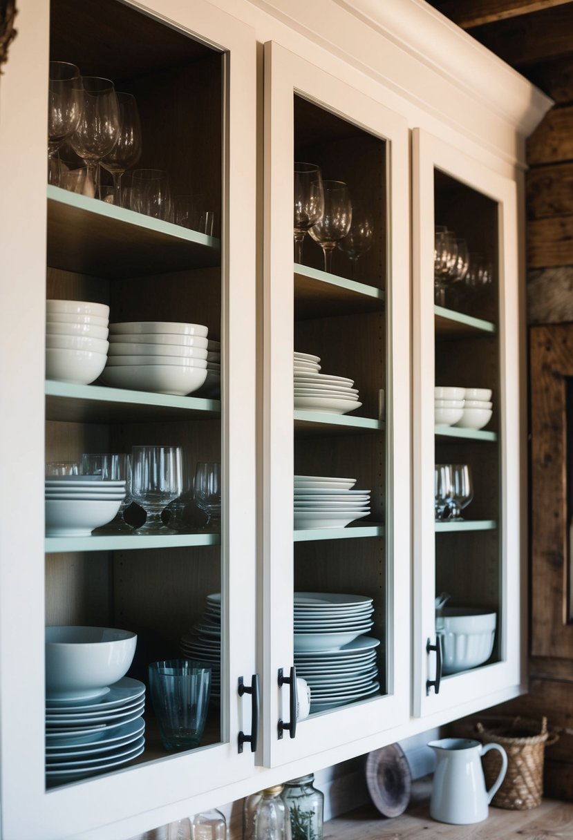 Glass-front cabinets filled with neatly arranged dishes and glassware, surrounded by rustic farmhouse decor