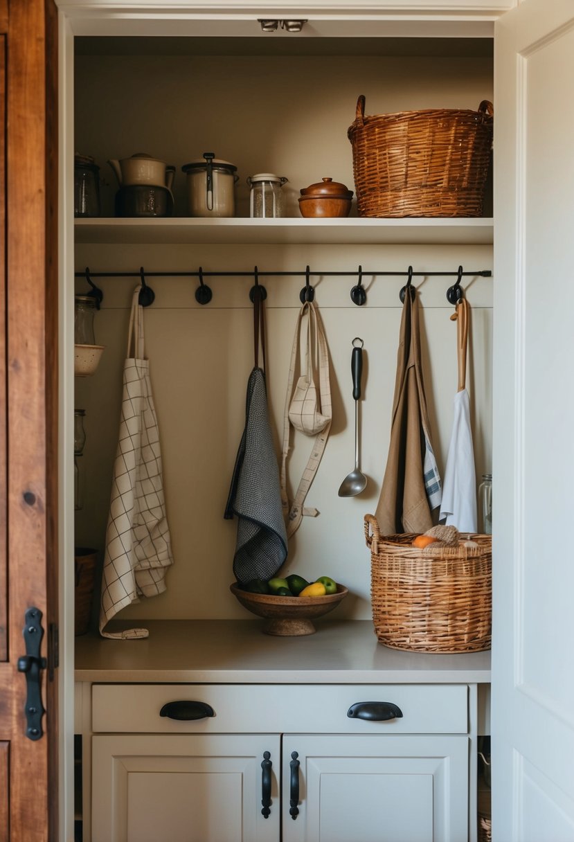 A rustic farmhouse pantry with iron hooks holding aprons and other kitchen items