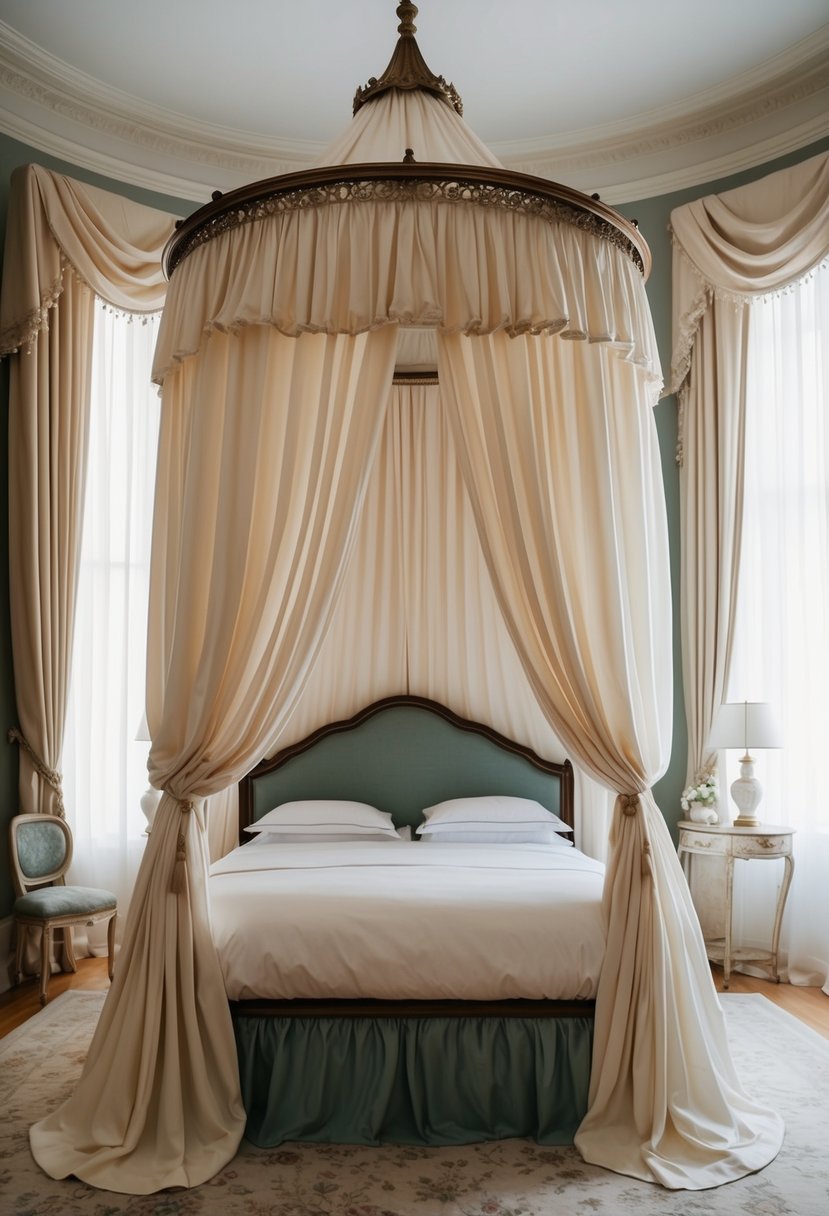 A canopy bed with flowing drapes in a classic bedroom with soft lighting and elegant decor