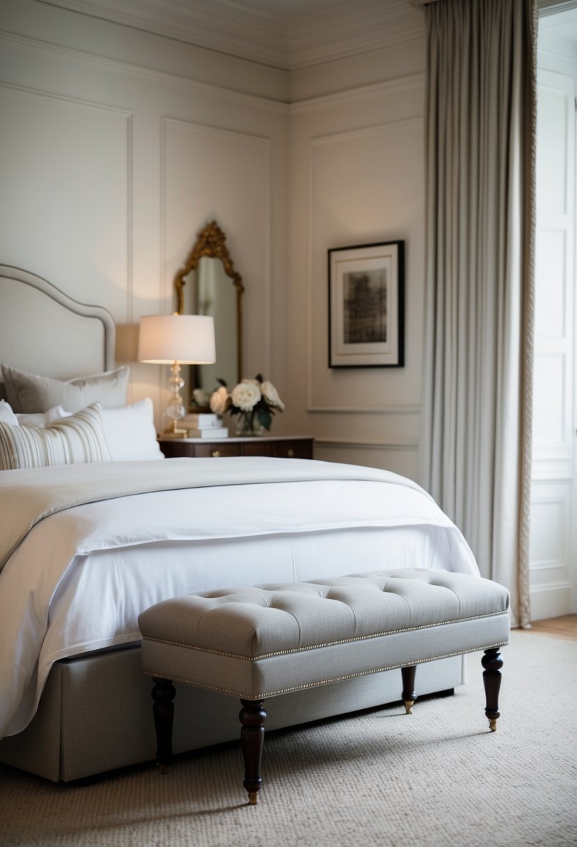 A cozy upholstered bench sits at the foot of a bed in a classic bedroom, surrounded by elegant decor and soft lighting