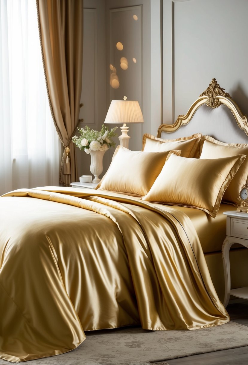 A luxurious silk bedspread set adorns a classic bedroom with elegant decor and soft lighting