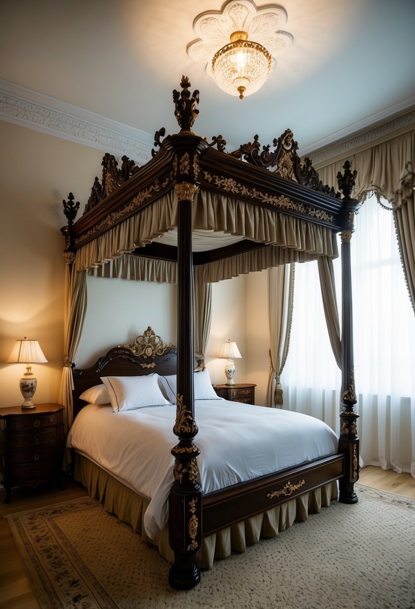 A luxurious four-poster bed with ornate carvings and flowing curtains in a classic bedroom setting