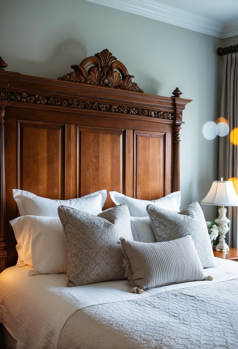 A cozy bedroom with a carved wooden headboard, soft lighting, and classic decor
