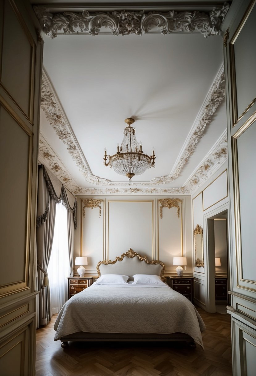 A grand bedroom with ornate Baroque ceiling molding, creating a classic and opulent atmosphere
