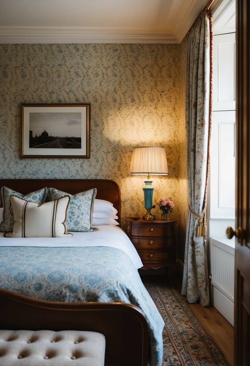 A cozy bedroom with period wallpaper, classic furniture, and soft lighting