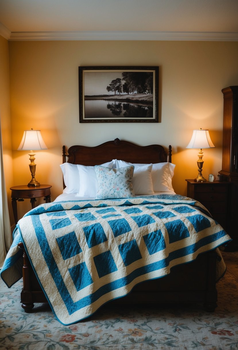 A cozy bedroom with a classic quilt draped over a bed, surrounded by vintage furniture and warm lighting