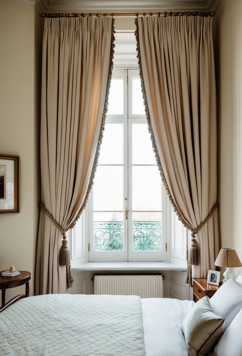 A classic bedroom with elegant tassel tiebacks on the curtains, soft lighting, and traditional furniture