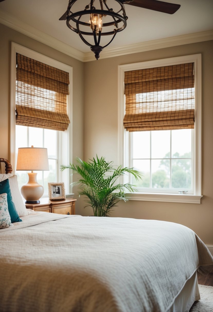 A cozy bedroom with bamboo Roman shades, soft lighting, and classic decor