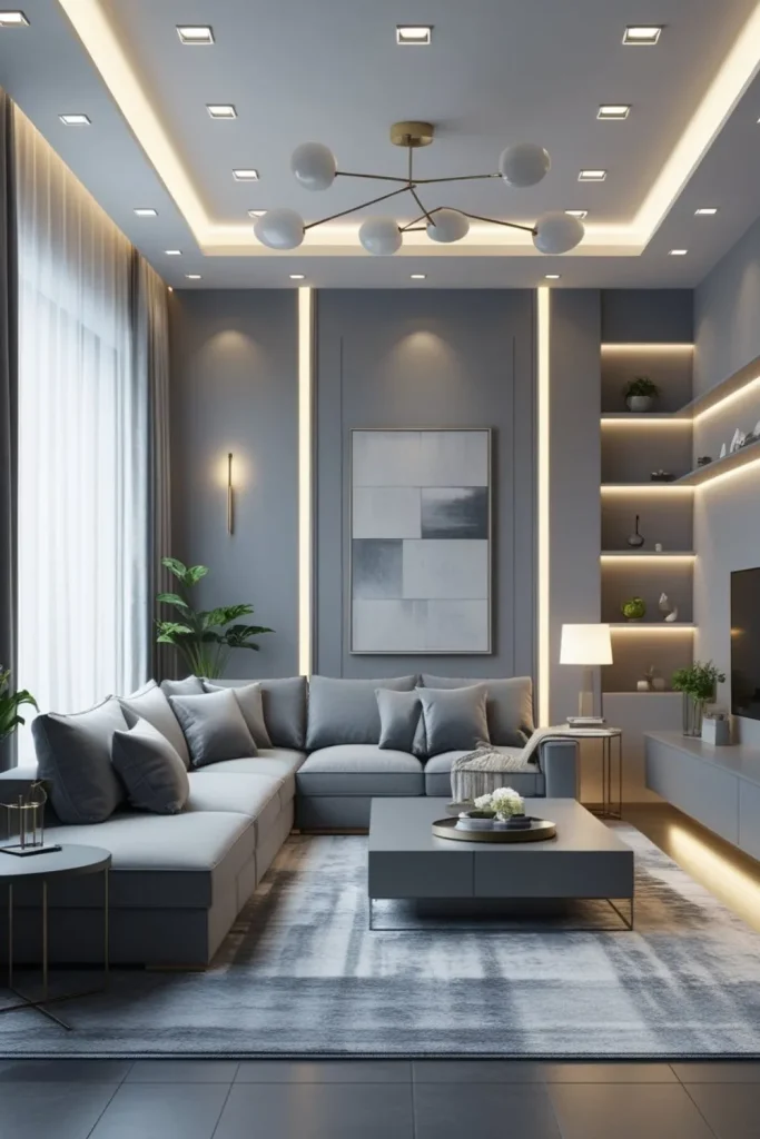 Layered Lighting in Gray Living Room