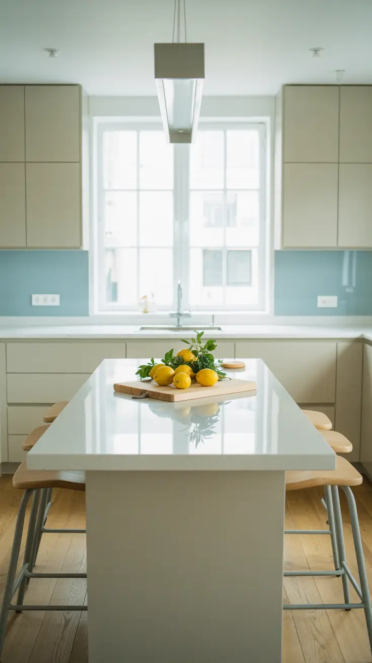 Modern White Kitchen Cabinets with Blue Backsplash