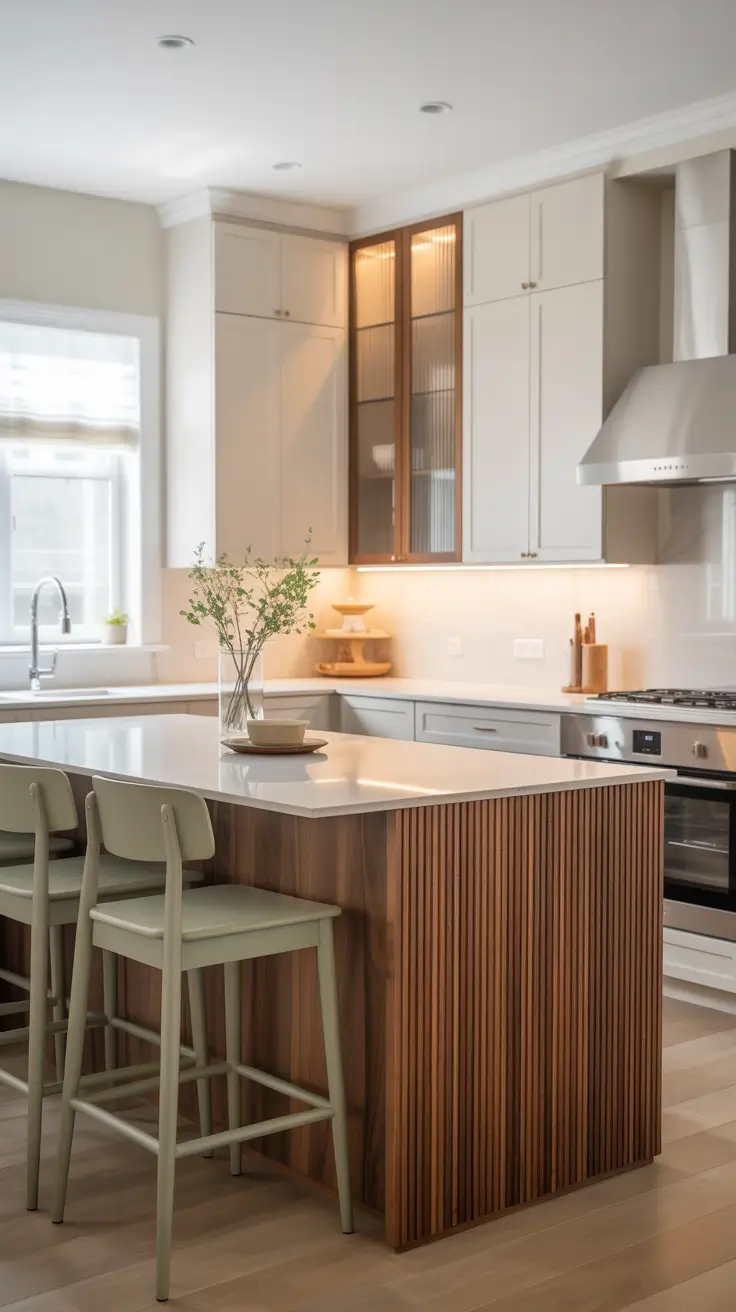 Transitional White Kitchen Cabinets with Wood Accents