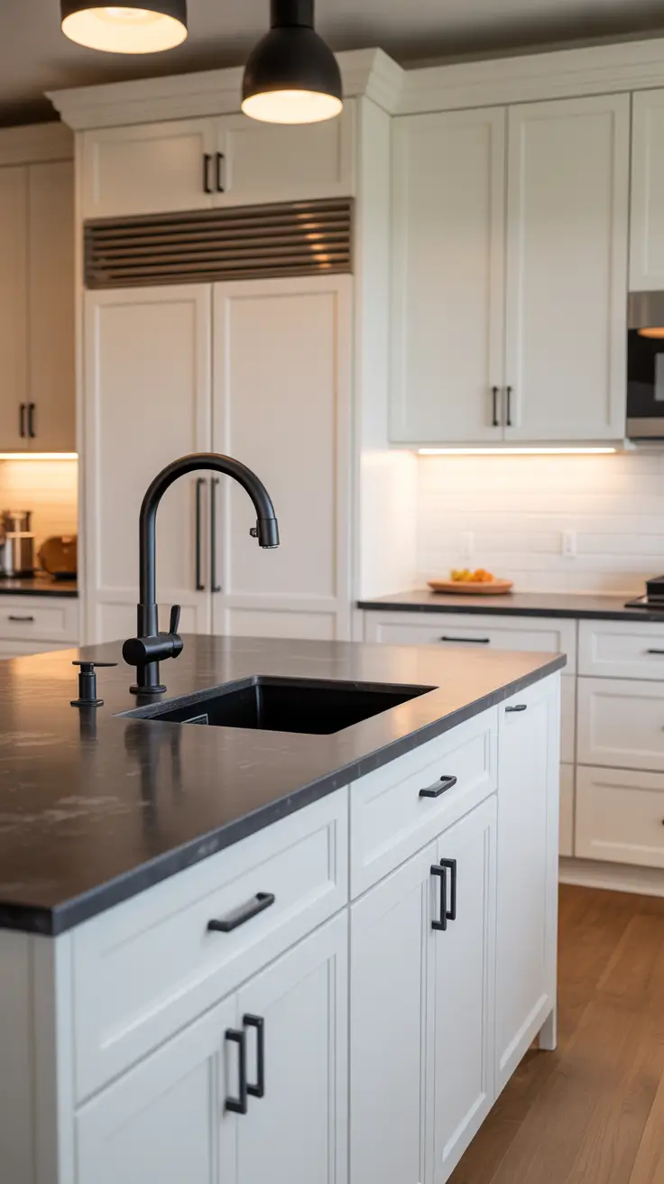 Black Countertops with White Shaker Cabinets