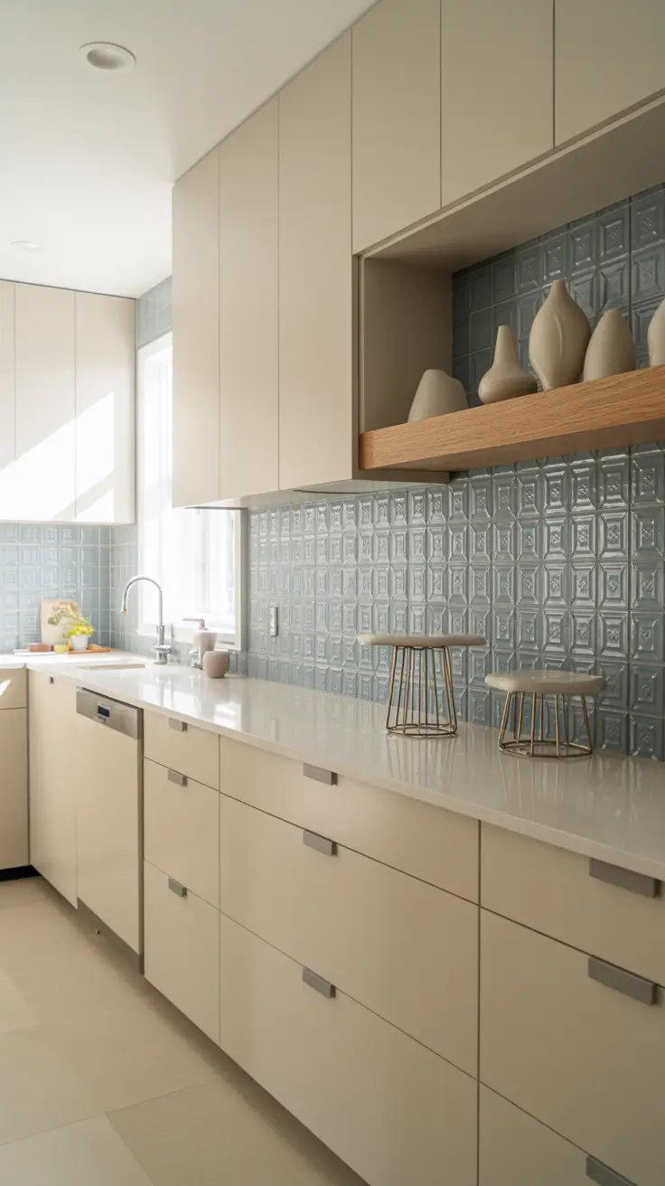 Blue Backsplash with White Kitchen Cabinets