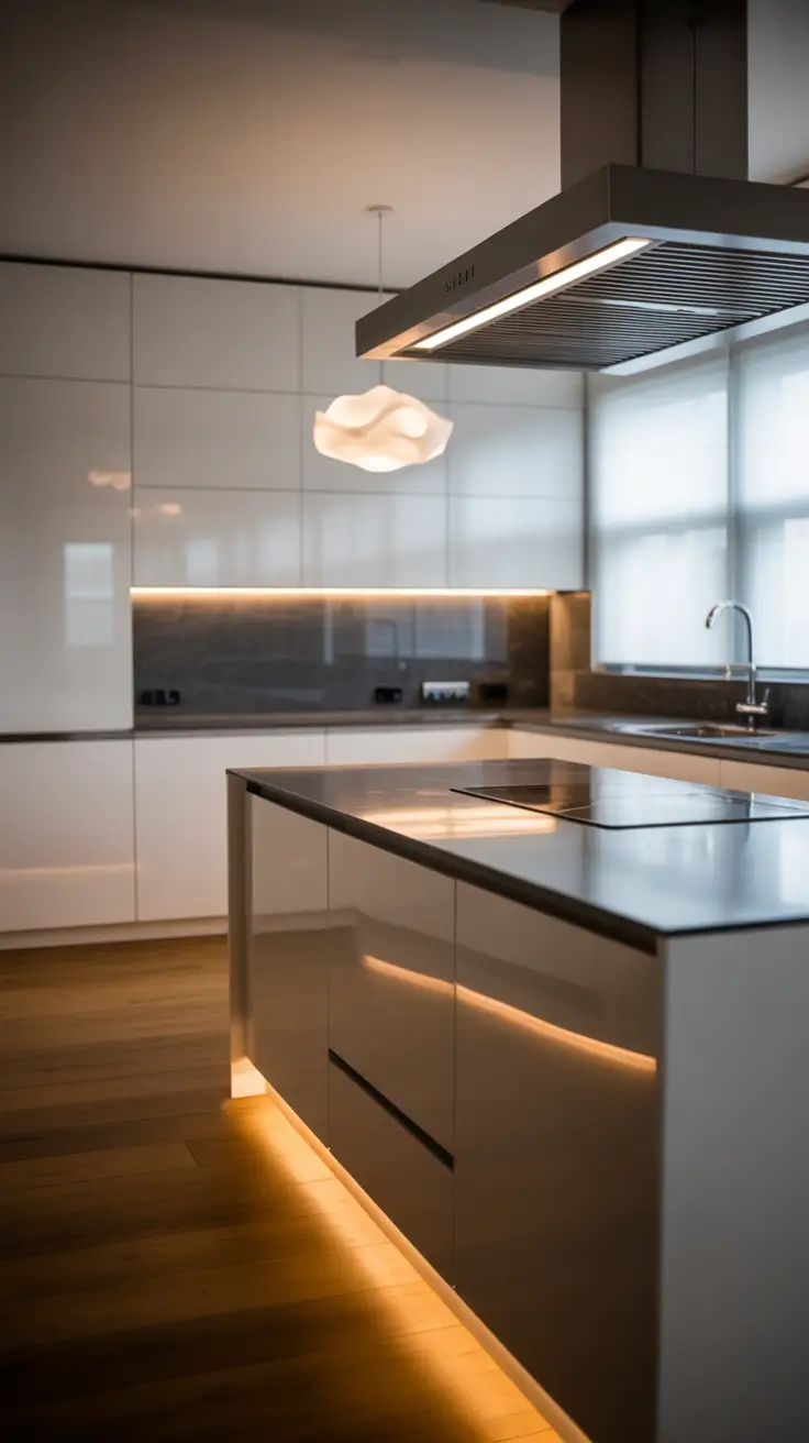 Contemporary White Kitchen Cabinets with Waterfall Island