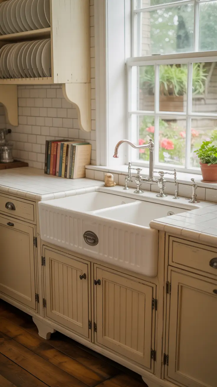 Warm Antique White Kitchen Cabinets with Oak Floors
