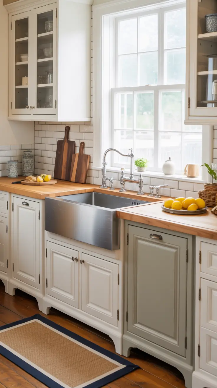 Rustic Distressed White Cabinets with Warm Oak Floors