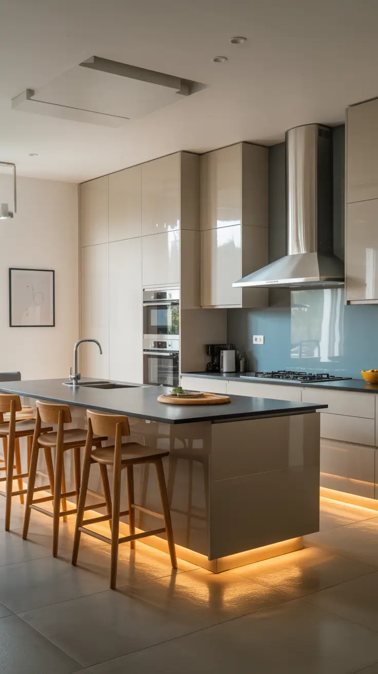 Contemporary White Cabinets with Blue Backsplash