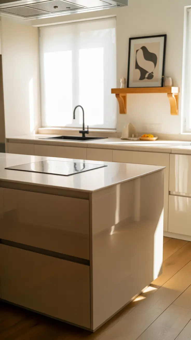 Glossy White Kitchen Cabinets with Light Oak Floors