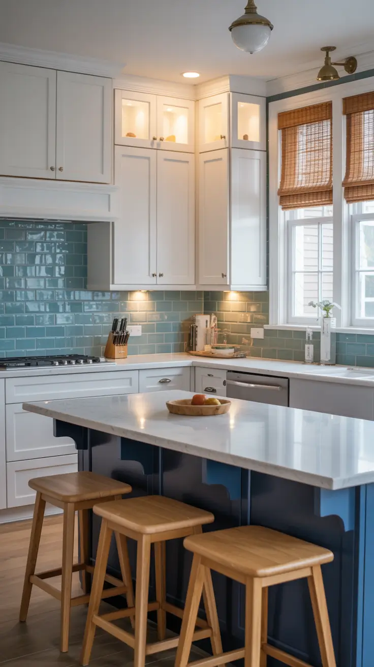 Blue and White Kitchen Cabinets with Navy Island