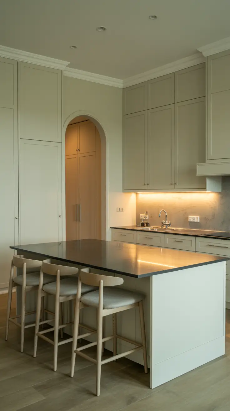 Transitional White Kitchen Cabinets with Black Island