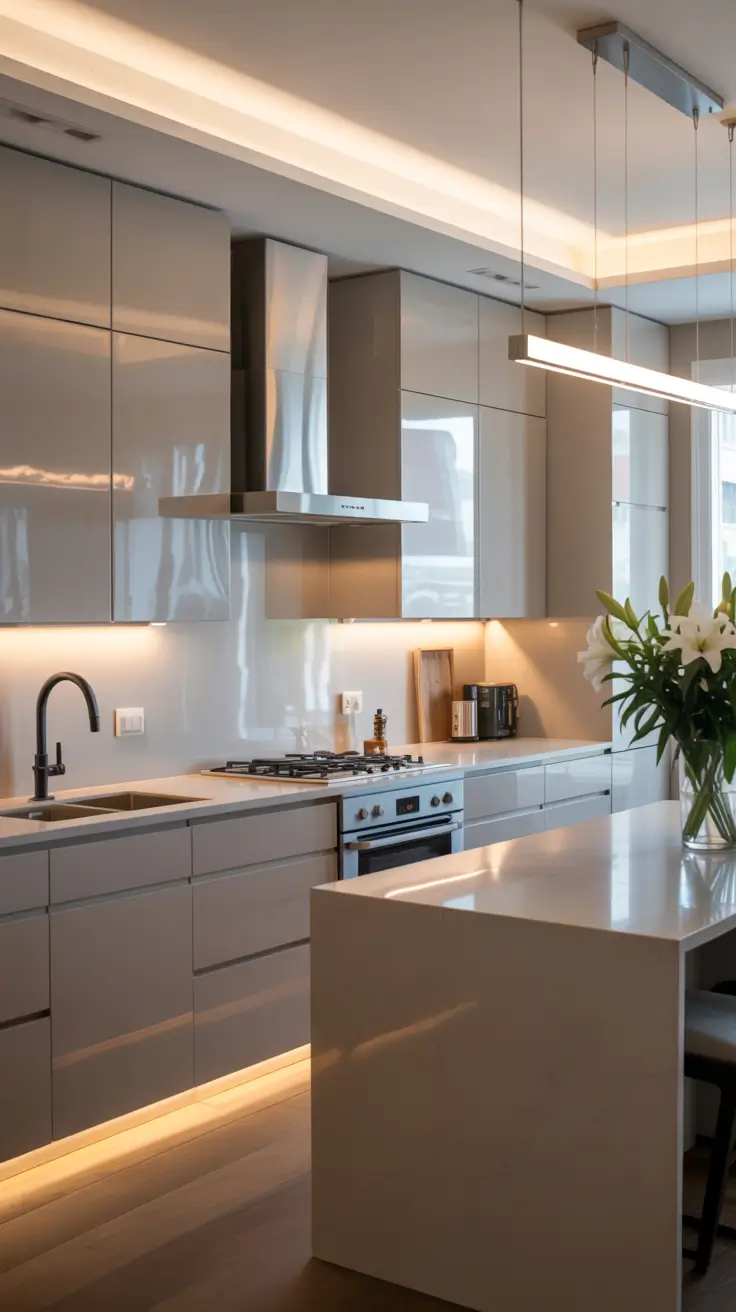Layered Lighting in White Kitchen