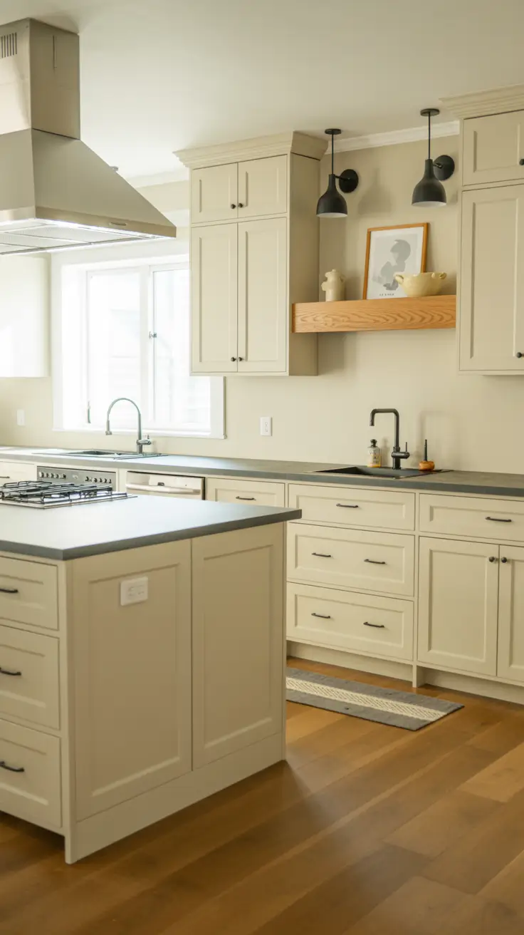 Black and White Kitchen Cabinets with Warm Oak Floors