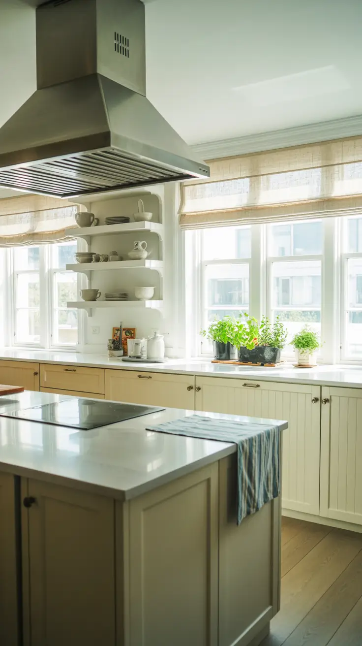 Bright White Kitchen Cabinets with Large Windows