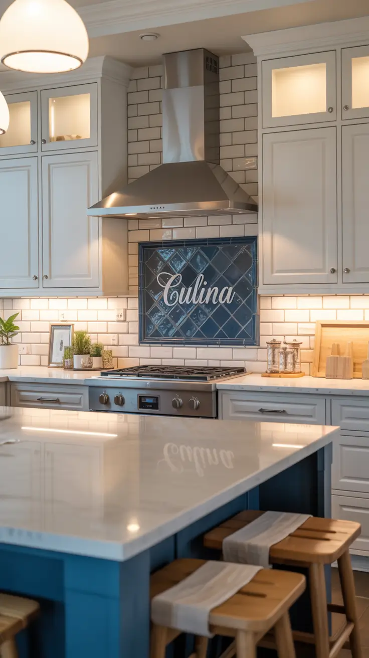 Bright White Kitchen Cabinets with Blue Accents