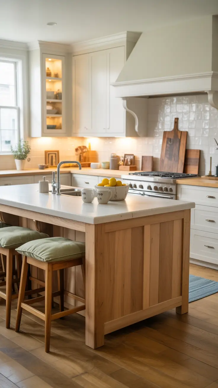 Layered Wood and White Kitchen Cabinets