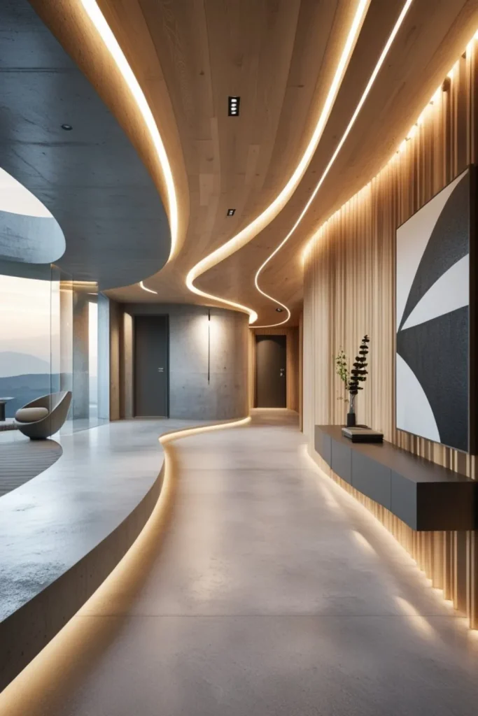 Organic Flow with Curved Concrete and Warm Wood Elements